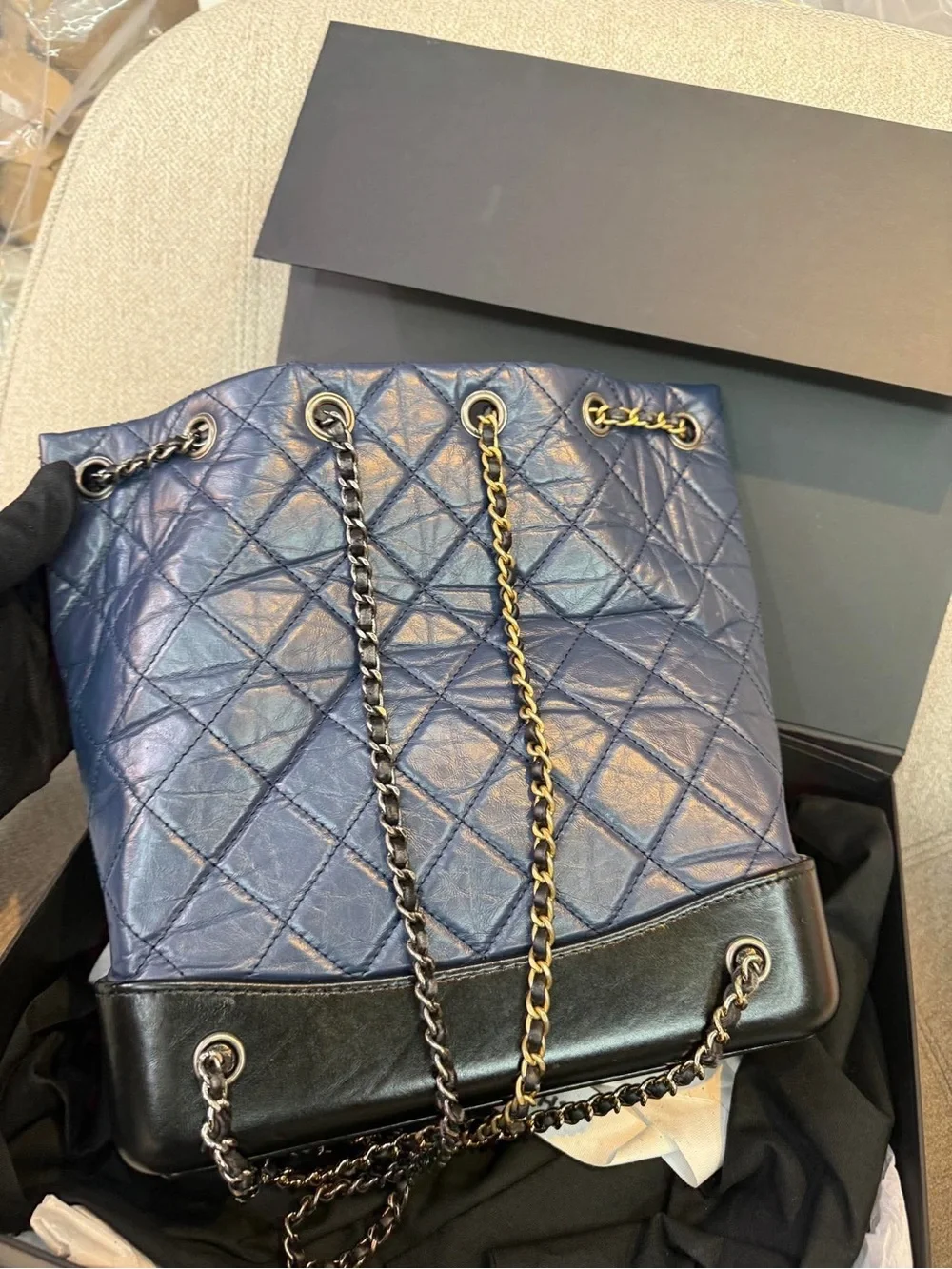 CHANEL Navy Quilted Leather Drawstring Shoulder Bag with Black Base Medium